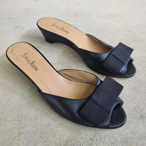 Vintage Nieman Marcus Black Leather Grosgrain Ribbon Bow Slip-On Mule Sandals 8